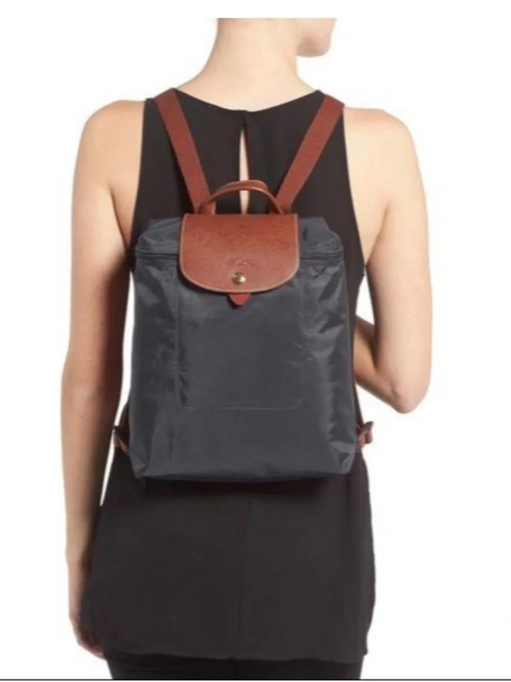 Longchamp Le Pliage Large Nylon Backpack in Storm Grey/Brown